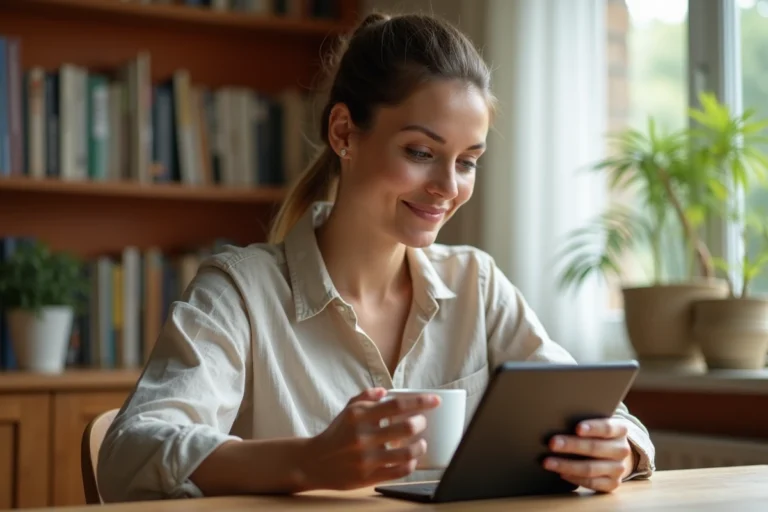 Femme consultant des contenus alternatifs sur une tablette dans une cuisine chaleureuse, illustrant la diversification des sources d'information au quotidien