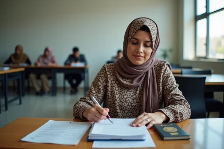 Femme tunisienne en hijab organise documents officiels