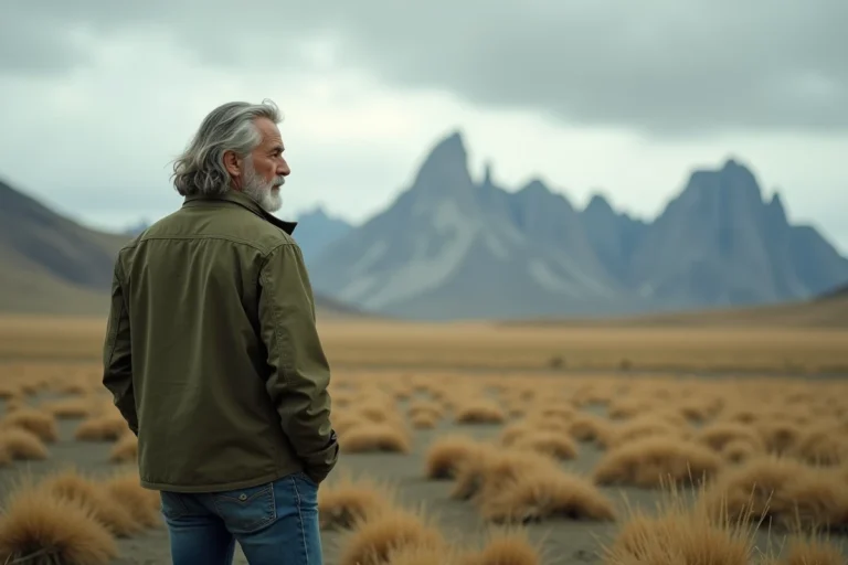 Homme aux cheveux argentés contemplant les vastes étendues sauvages de Patagonie, inspiré d'un mode de vie simple et naturel