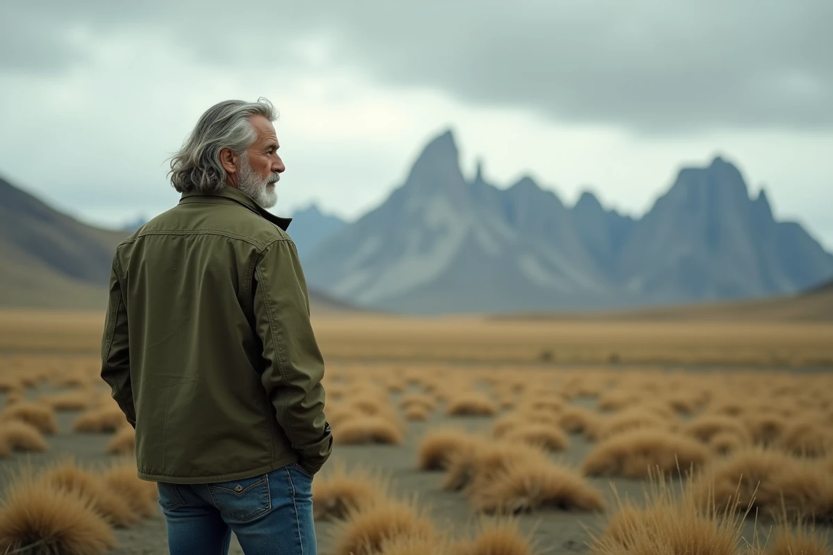 Homme aux cheveux argentés contemplant les vastes étendues sauvages de Patagonie, inspiré d'un mode de vie simple et naturel