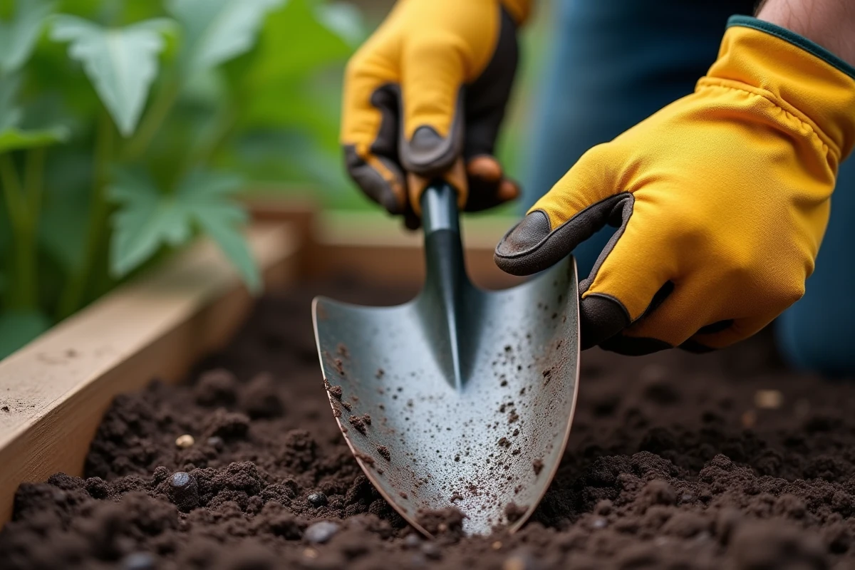 Gros plan sur des mains gantées tenant une pelle enfoncée dans la terre, détail de la technique pour creuser efficacement