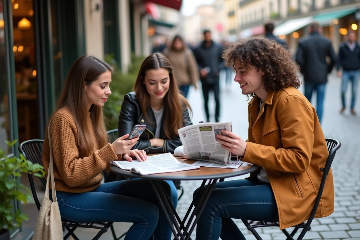 Groupe de jeunes adultes échangeant autour de différents supports d'information alternatifs en terrasse de café, représentant la diversité des médias indépendants