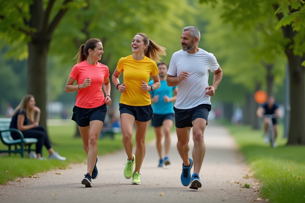 Groupe d'amis courant ensemble dans un parc urbain pour rester motivés à pratiquer le sport