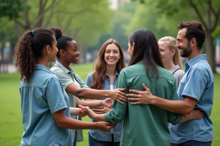 Groupe divers d'adultes et enfants en cercle dans un parc urbain