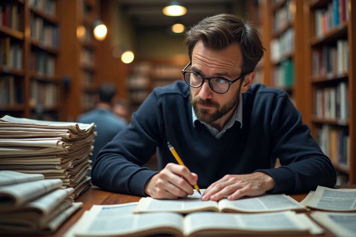 Homme lisant des journaux indépendants et des newsletters imprimées dans une bibliothèque publique, symbolisant la recherche d'informations alternatives et diversifiées