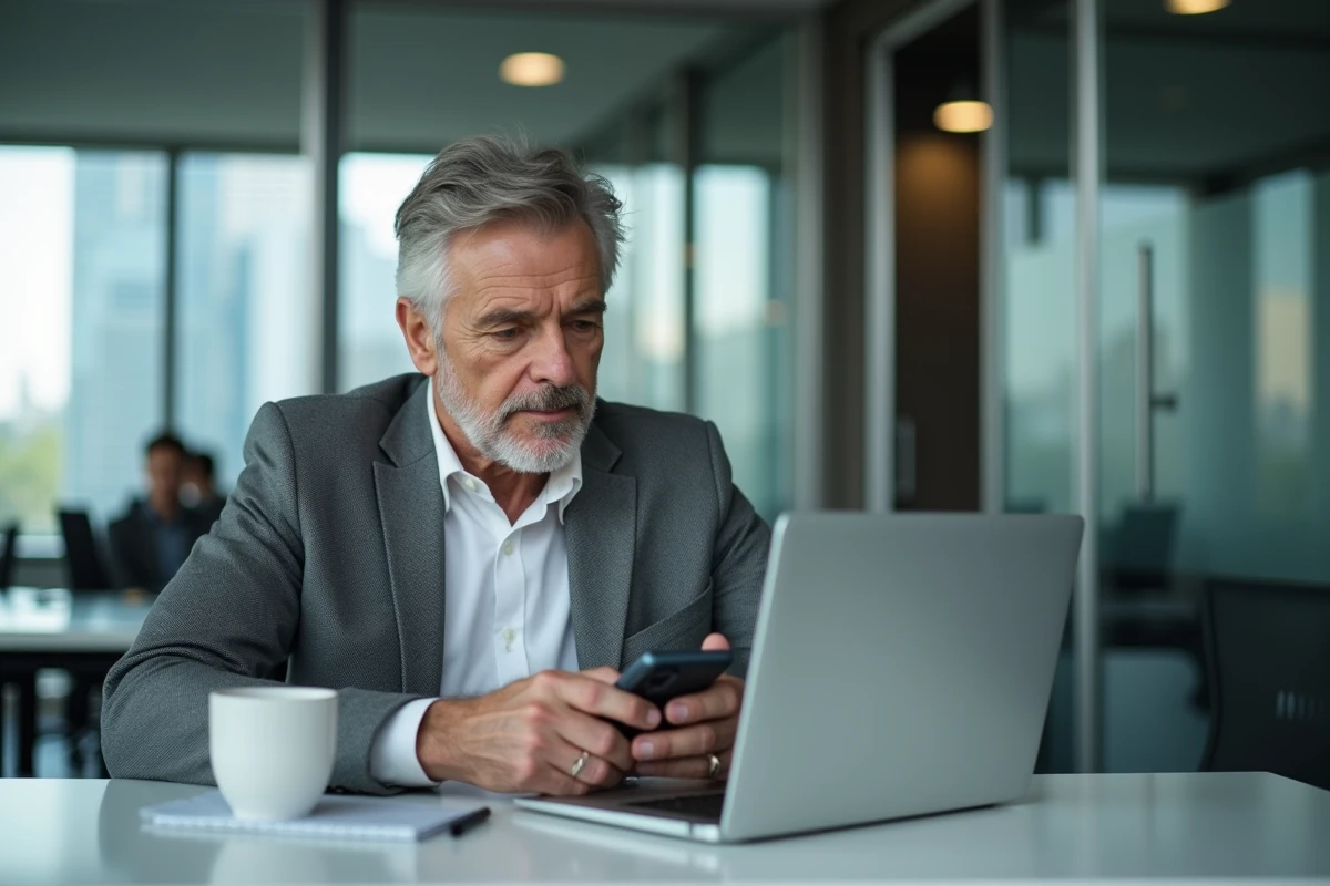Homme en costume cherche un numéro sur son ordinateur au bureau