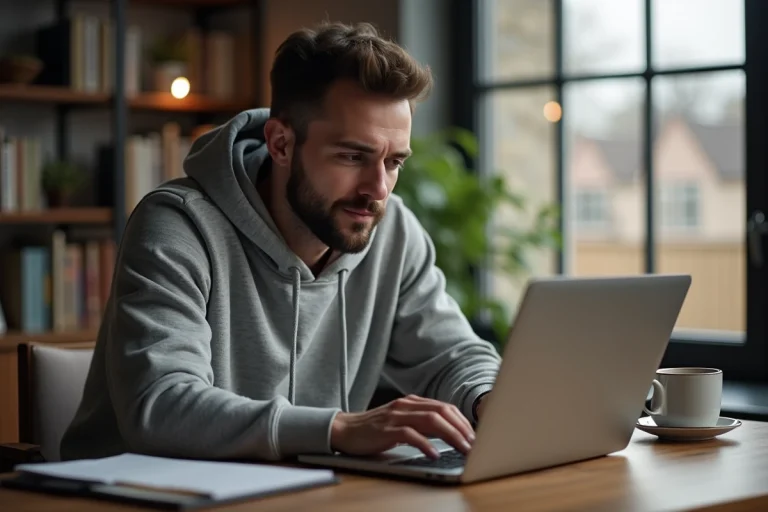 Homme en hoodie travaillant sur son ordinateur dans un bureau cosy