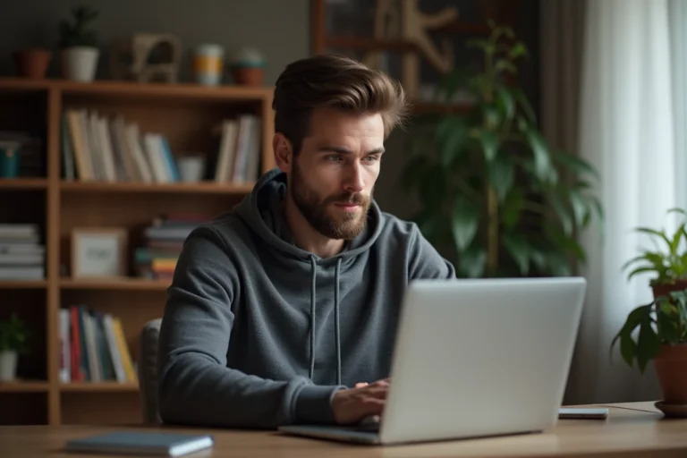 Homme détendu au bureau à la maison avec ordinateur