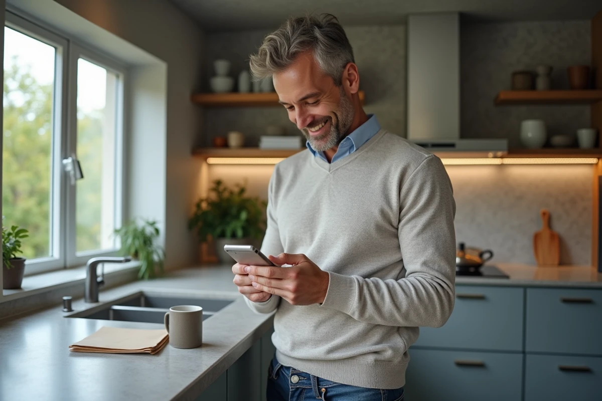 Homme décontracté utilisant son smartphone dans une cuisine contemporaine