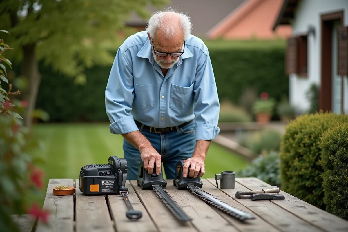 Homme âgé inspectant deux outils de taille de haie sur une table en bois