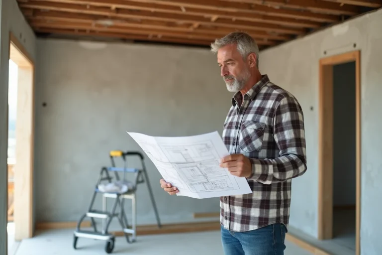 Homme inspectant des murs en renovation dans une maison moderne