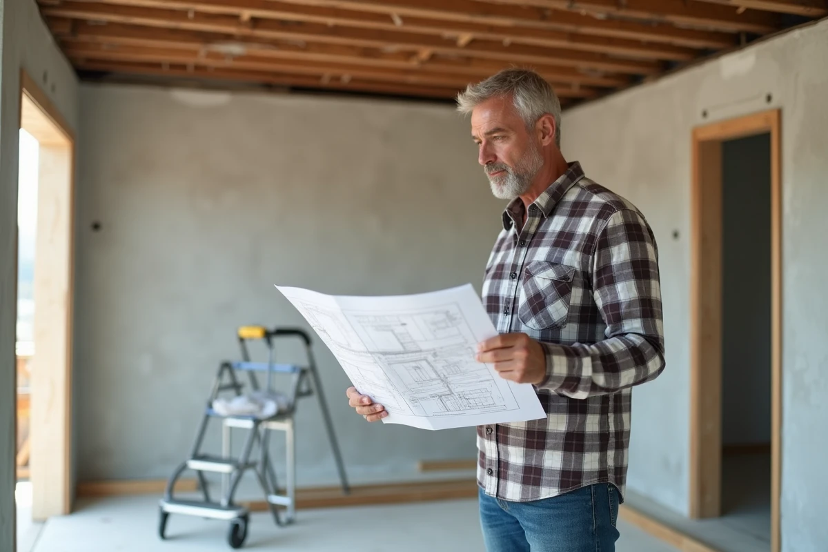 Homme inspectant des murs en renovation dans une maison moderne