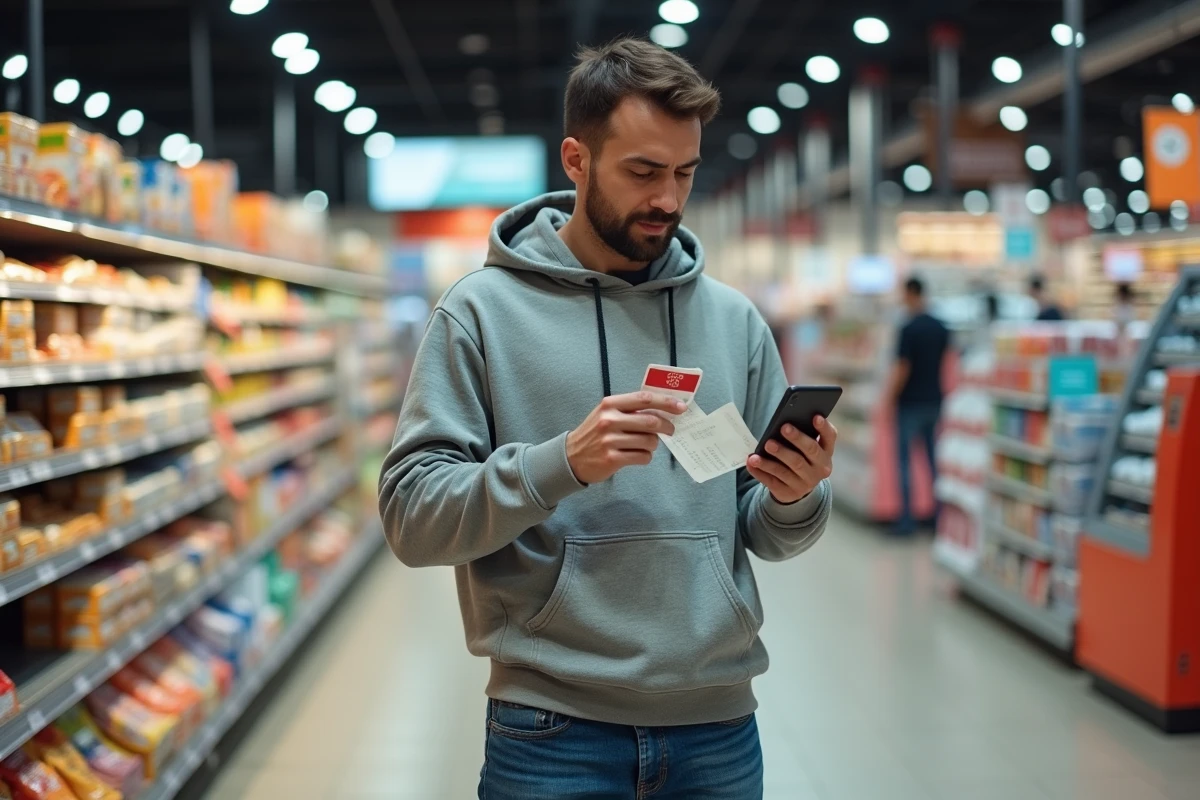 Homme vérifiant les dates de son chèque différé Leclerc sur smartphone en supermarché