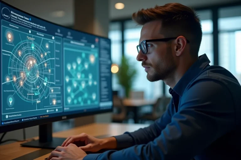 Ingénieur analysant une interface de localisation GPS en temps réel sur un grand écran tactile dans un bureau technologique moderne