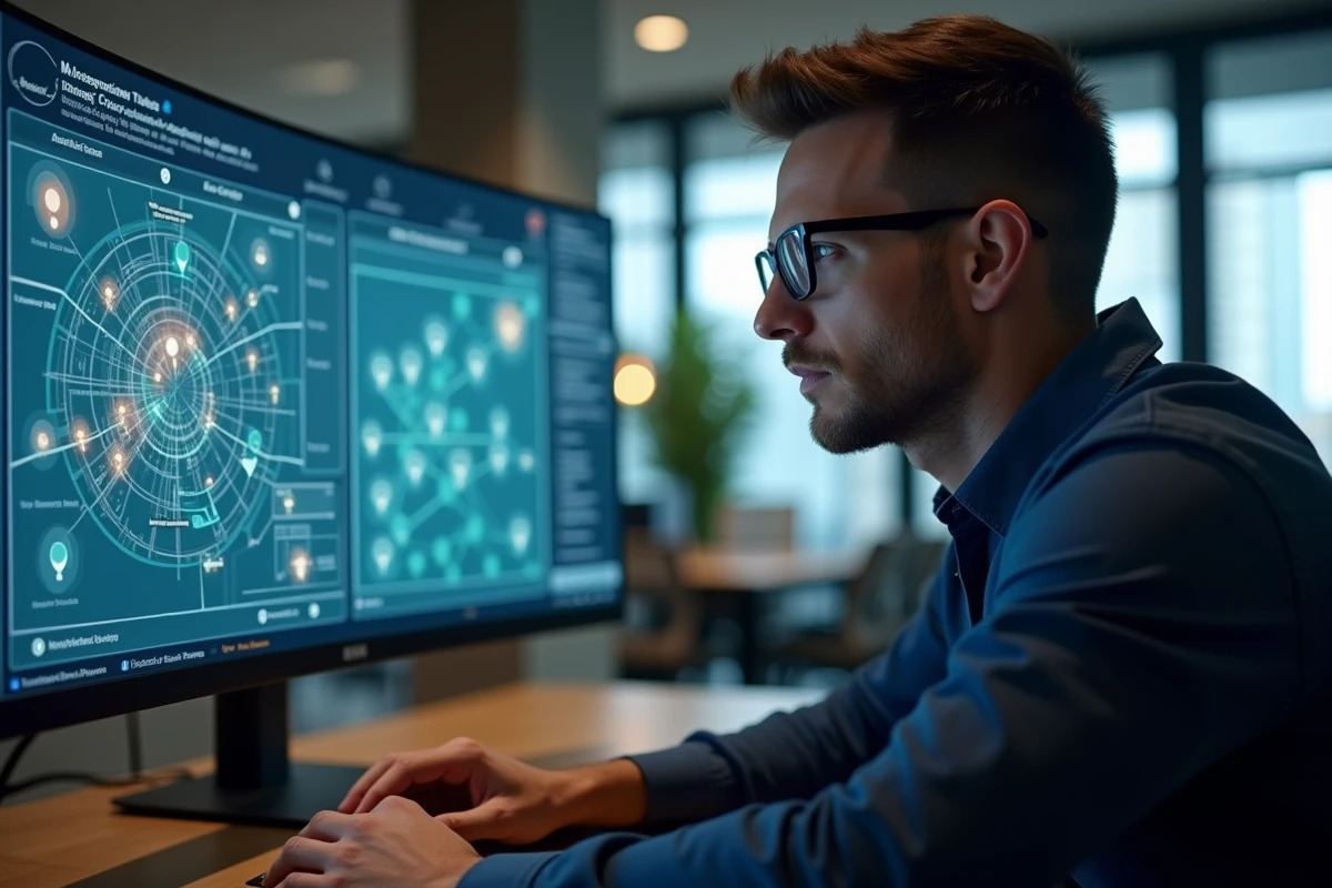 Ingénieur analysant une interface de localisation GPS en temps réel sur un grand écran tactile dans un bureau technologique moderne