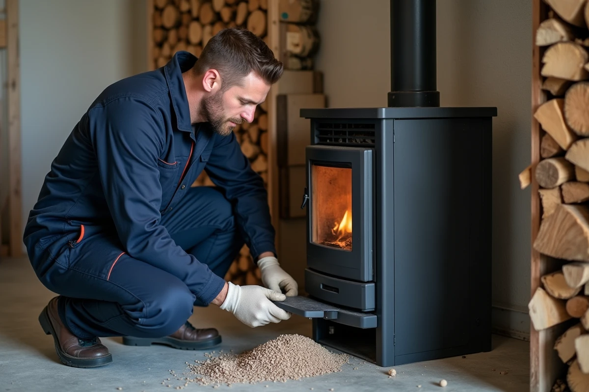 Technicien installant un poêle mixte bois et pellets dans une maison à Caen avec tuyau de fumée et bûches en arrière-plan