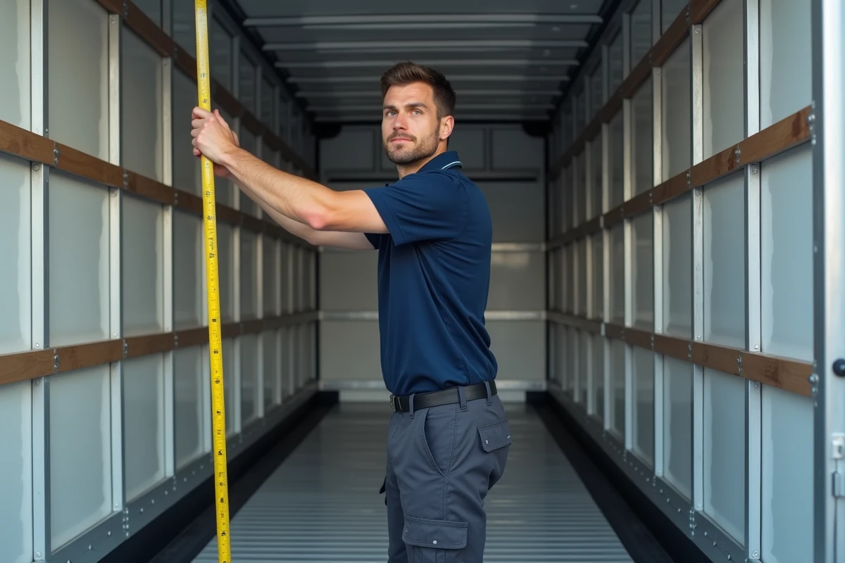 Déménageur mesurant l'intérieur d'un camion 10 m3, révélant la hauteur et la profondeur de la caisse de chargement