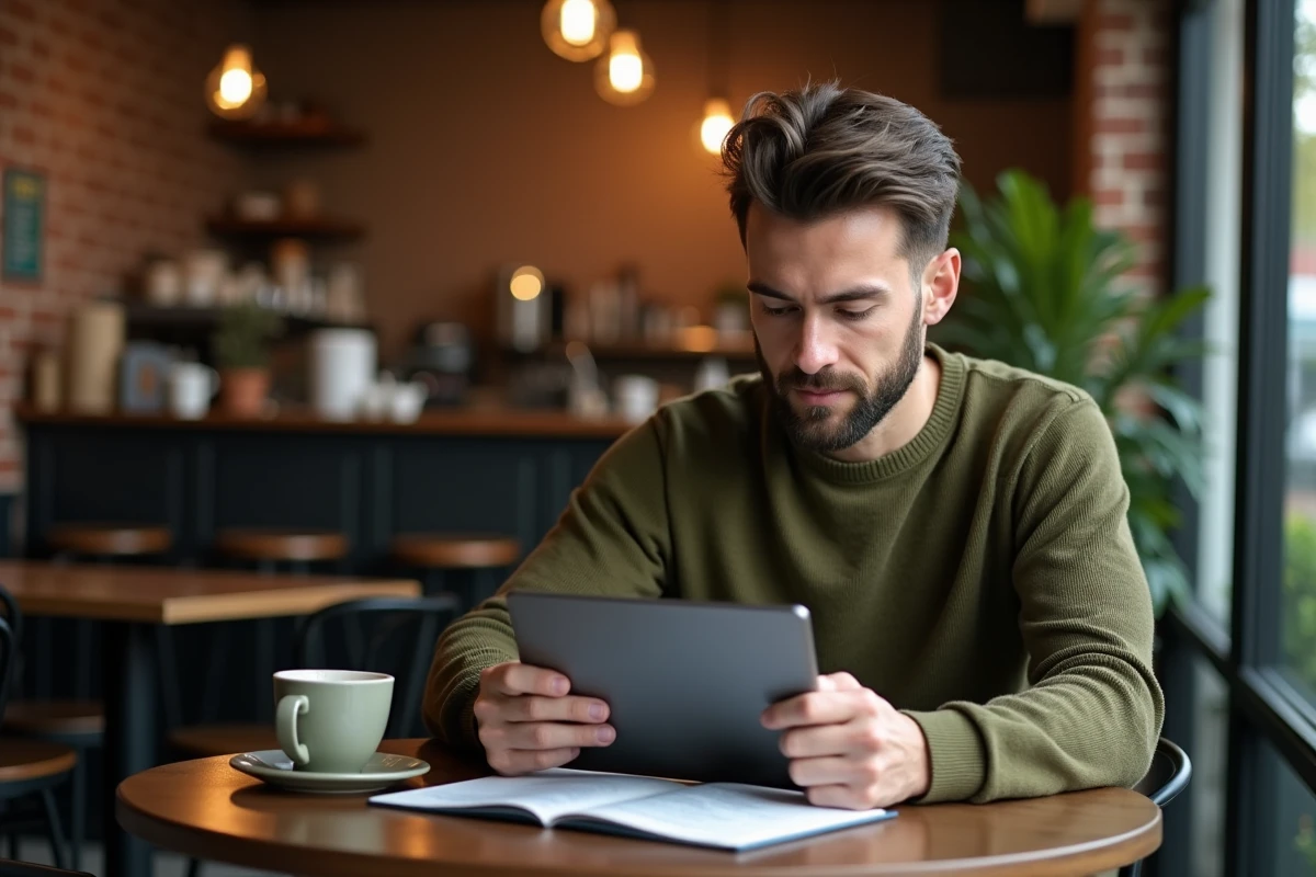 Jeune investisseur consultant des analyses boursières sur tablette dans un café