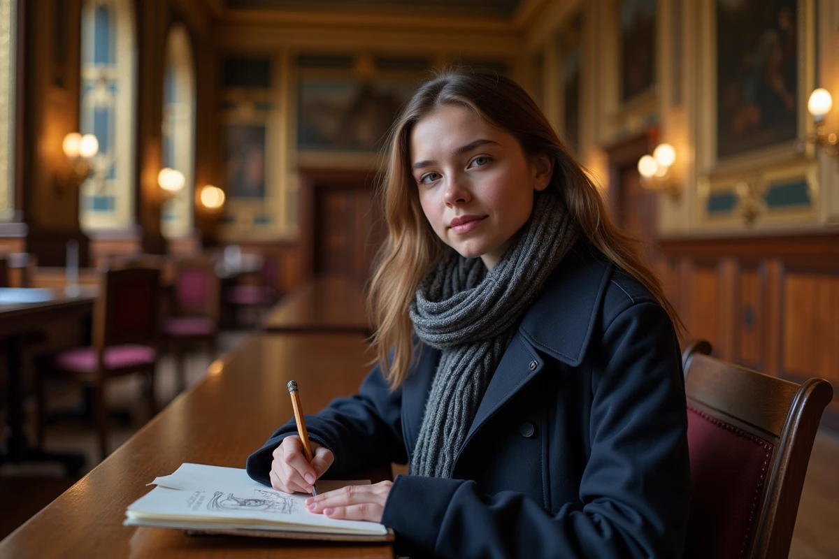 Jeune étudiante en art esquissant dans le Parlement de Bretagne