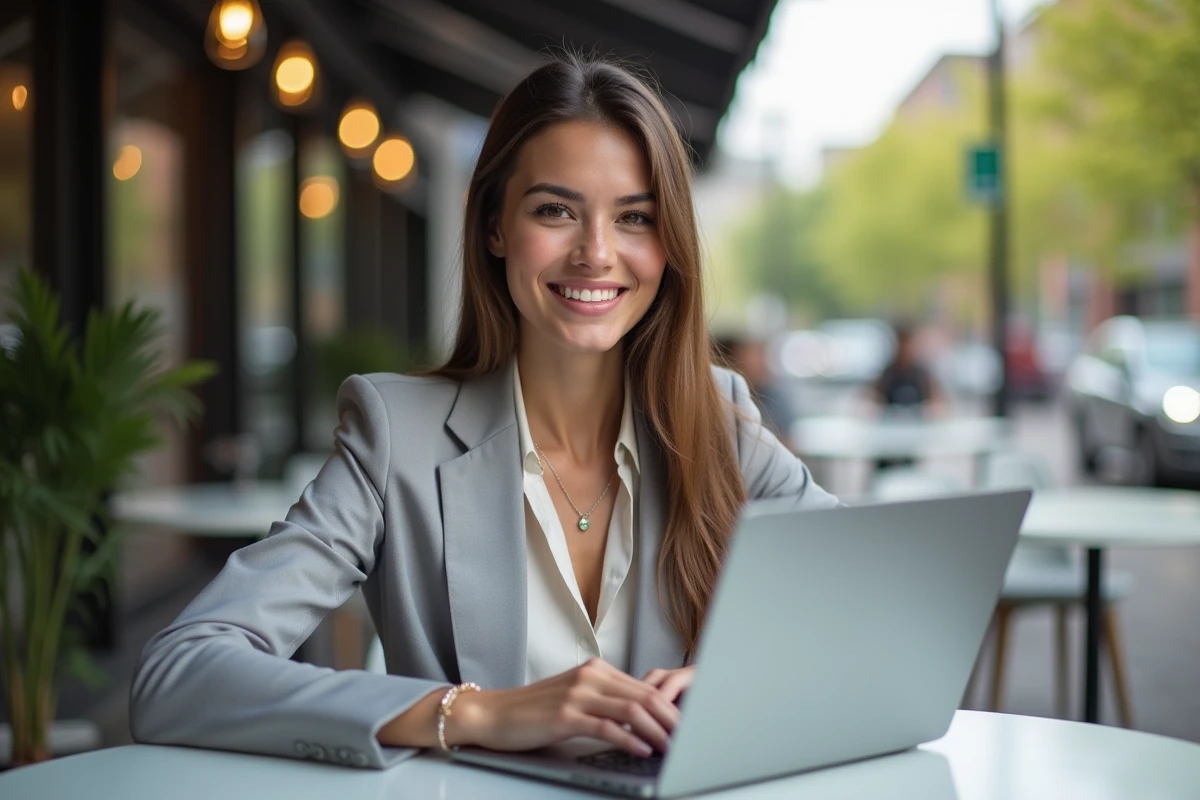 Jeune entrepreneure travaillant dans un café en plein air