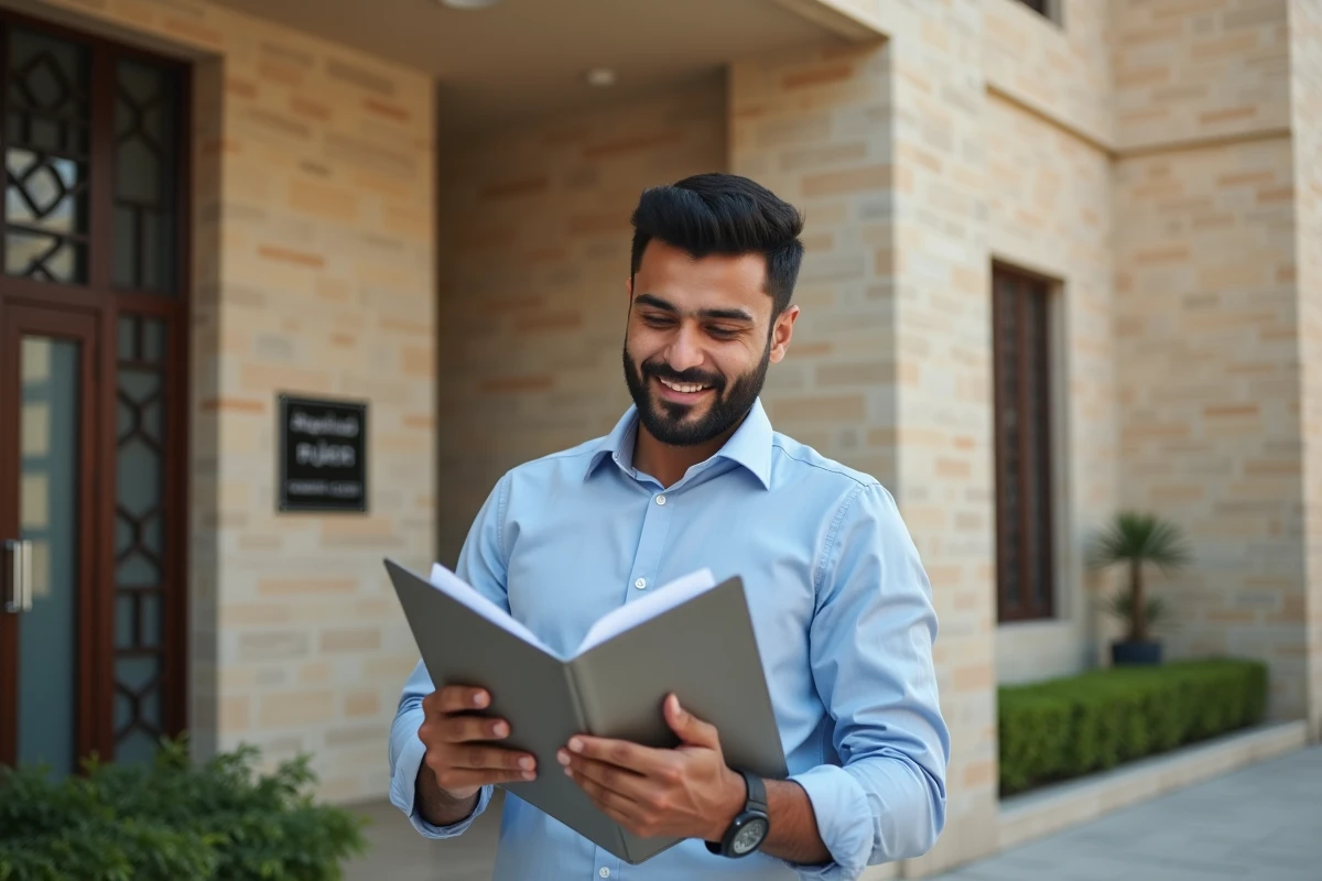 Jeune homme tunisien souriant avec dossier devant bâtiment