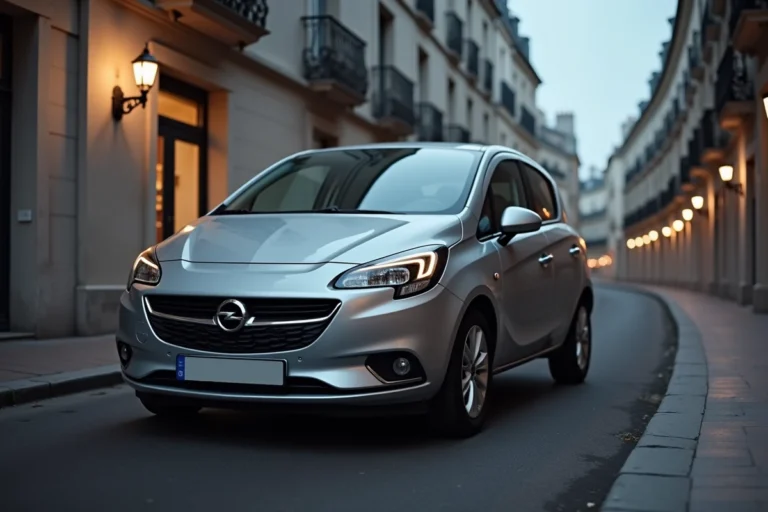 Opel Corsa argentée garée dans une rue résidentielle française typique, illustrant la vulnérabilité au vol dans les quartiers urbains