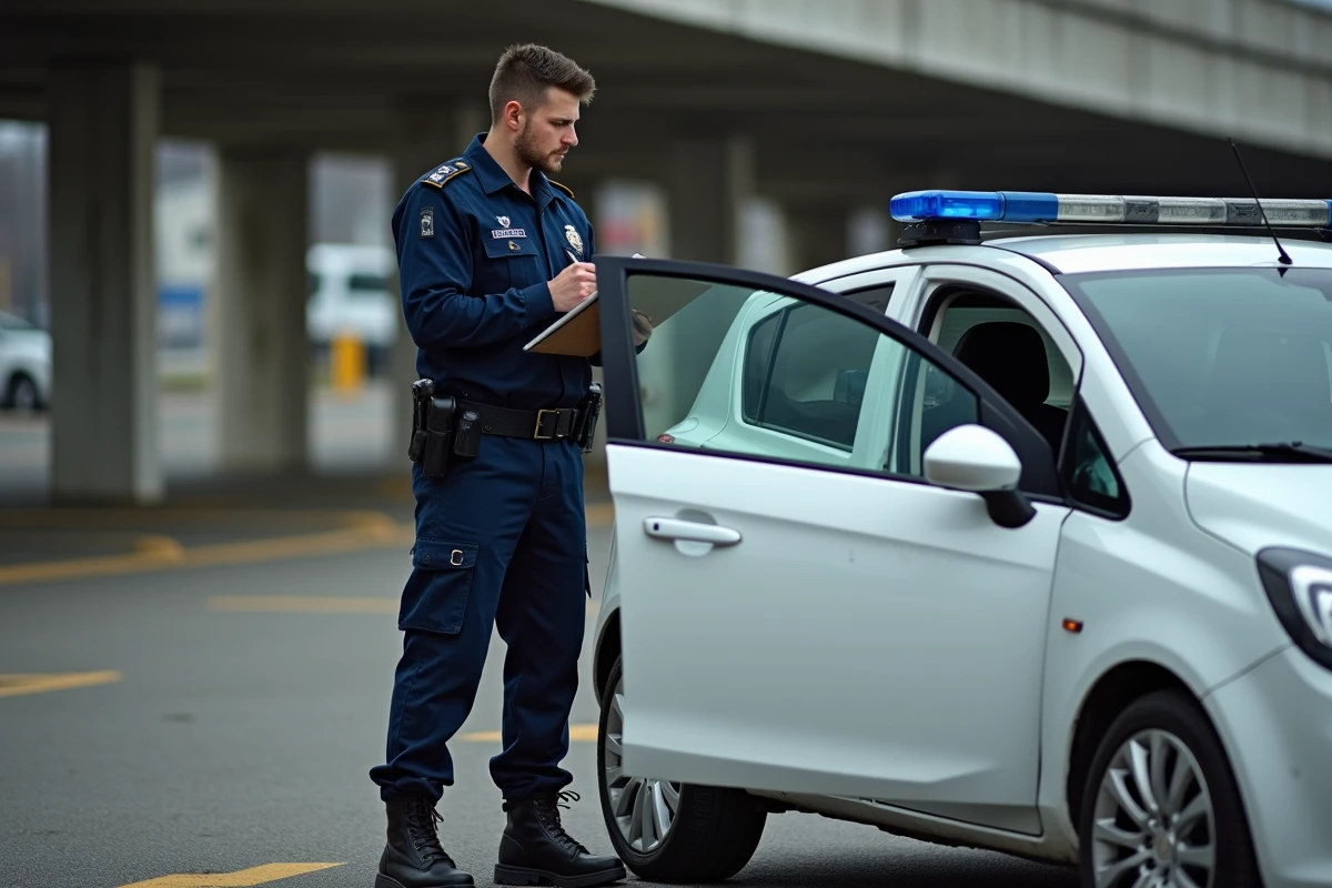 Policier français inspectant une Opel Corsa avec une serrure forcée dans un parking, dans le cadre d'une enquête sur un vol de véhicule