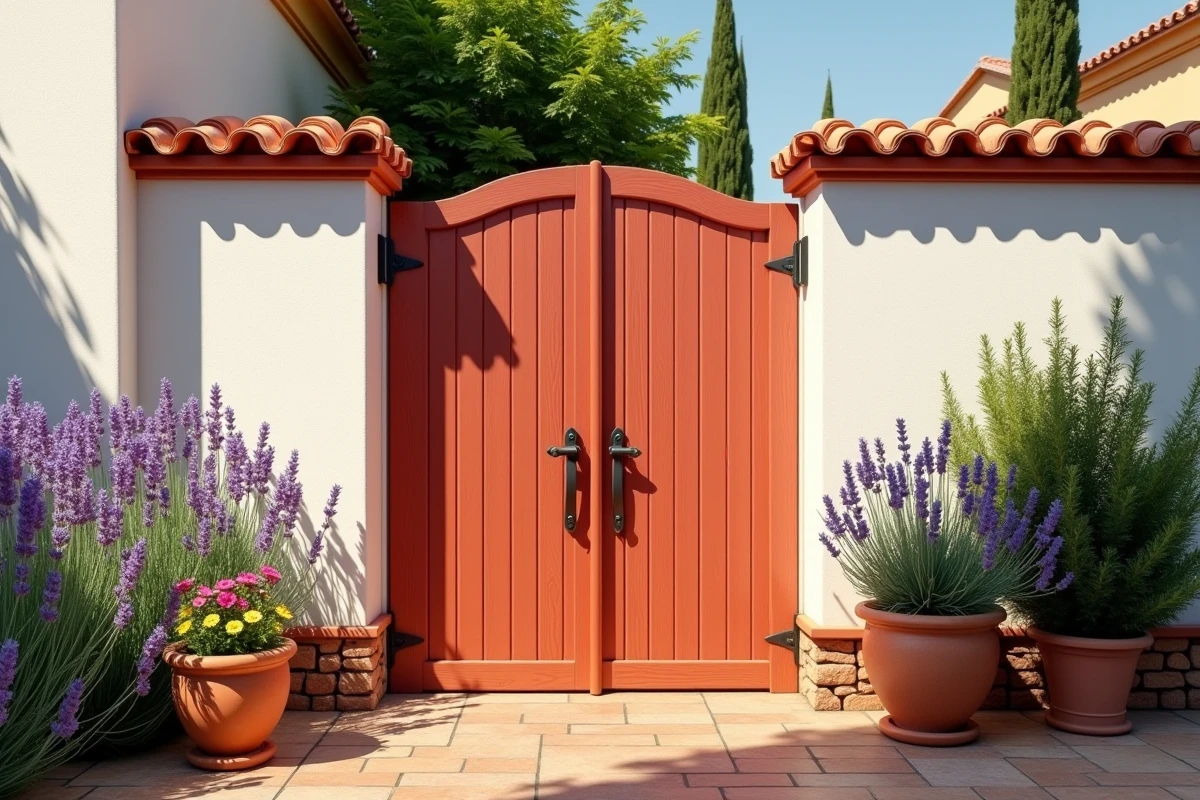 Portail en bois peint en rouge terracotta ouvert sur une cour provençale avec lavande et géraniums
