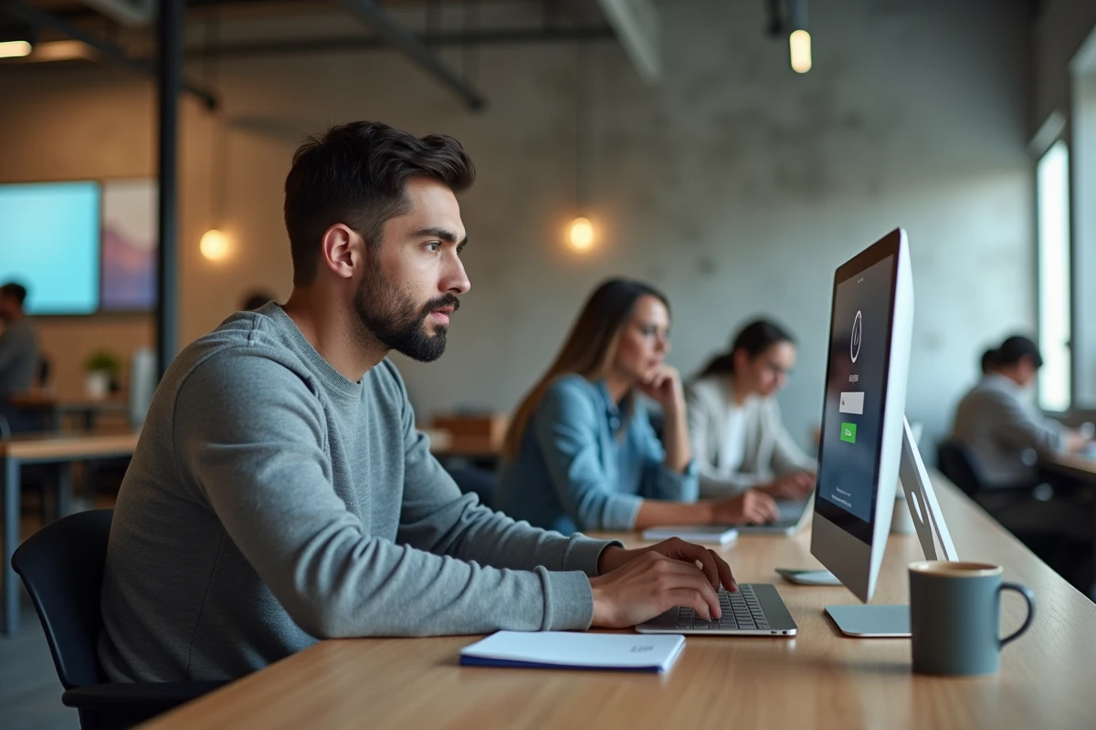 Professeur se connectant au webmail académique de Lyon sur un ordinateur de bureau dans une salle des professeurs