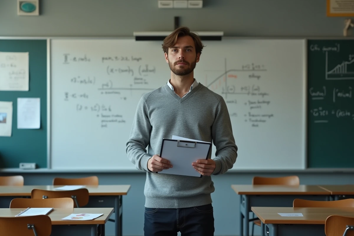 Professeur masculin tenant des documents de salaire devant un tableau de classe en France