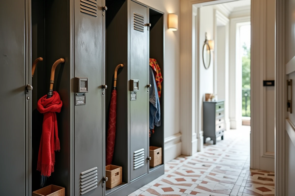 Rangée de trois casiers vestiaires métalliques industriels vintage utilisés comme rangement d'entrée dans un appartement parisien avec sol en carreaux de ciment