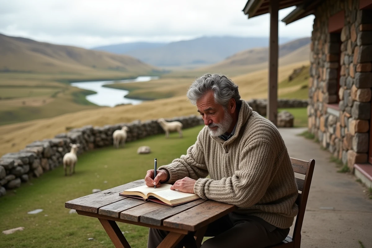 Homme écrivant dans un journal à une table en bois dehors en Patagonie, symbole de reconnexion à soi et à la nature en 2026