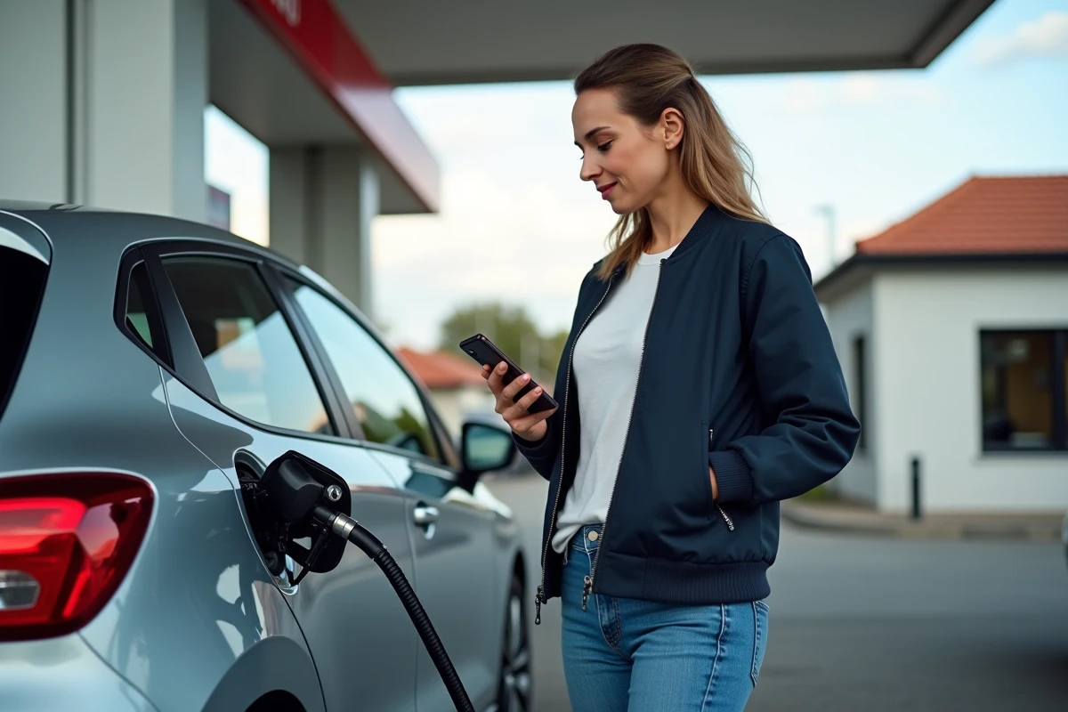 Une femme qui note sa consommation réelle de carburant à la station-service avec son smartphone