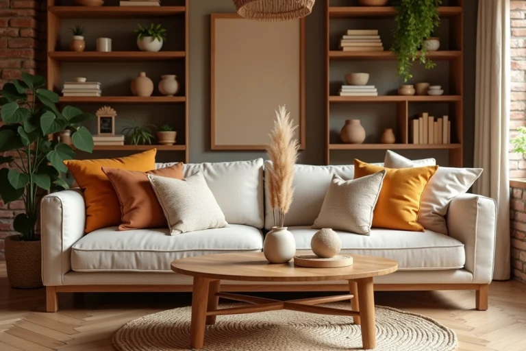 Salon chaleureux décoré avec des tons terre, un canapé en lin et des étagères en bois avec plantes et céramiques artisanales
