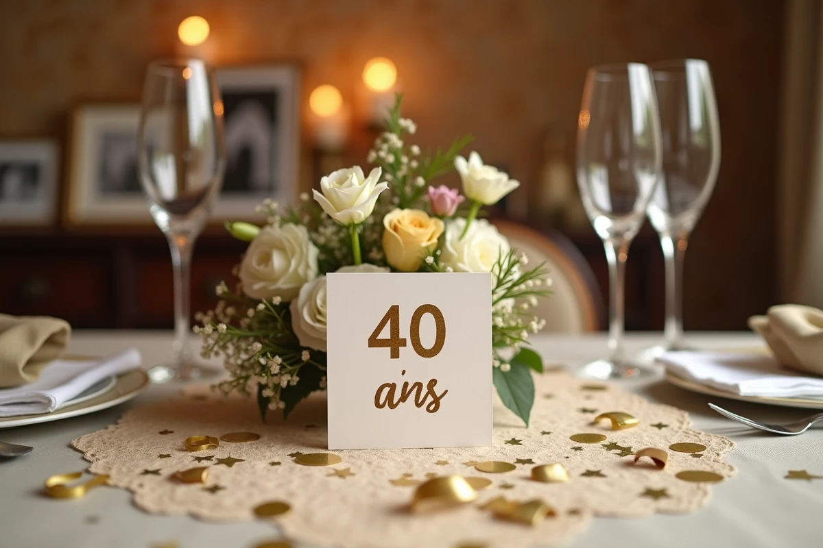Table décorée pour un dîner anniversaire de 40 ans de mariage avec carte humoristique et coupes de champagne