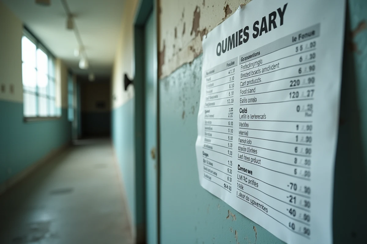 Affiche des tarifs de la cantine prison affichée sur un mur institutionnel avec liste des produits disponibles et leurs prix en euros