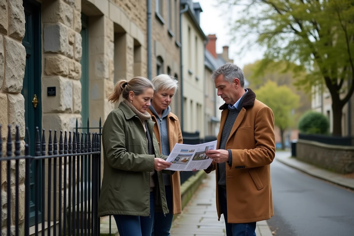 Couple visitant une maison en pierre bretonne avec un agent immobilier dans un quartier résidentiel de Rennes