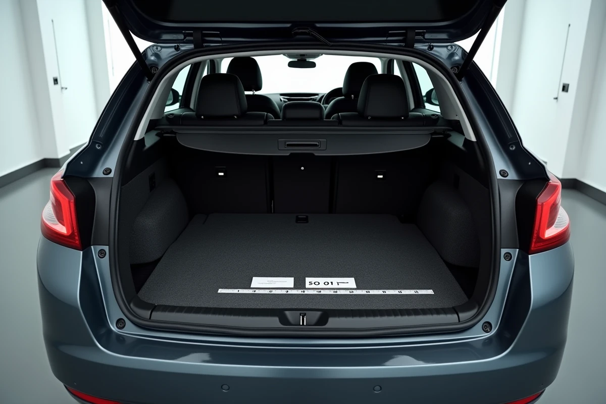 Coffre de la Peugeot 308 avec sièges rabattus mesurant le volume étendu en litres, vue symétrique intérieure